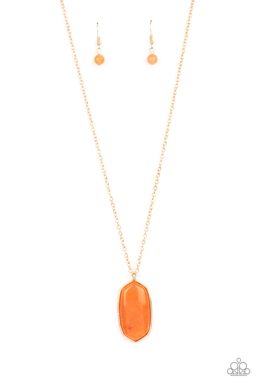Encased in a classic gold fitting, a glassy orange stone swings from the bottom of a lengthened gold chain for an elegantly earthy look. Features an adjustable clasp closure.