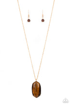 Load image into Gallery viewer, Encased in a classic gold fitting, a glassy Tiger&#39;s Eye stone swings from the bottom of a lengthened gold chain for an elegantly earthy look. Features an adjustable clasp closure.
