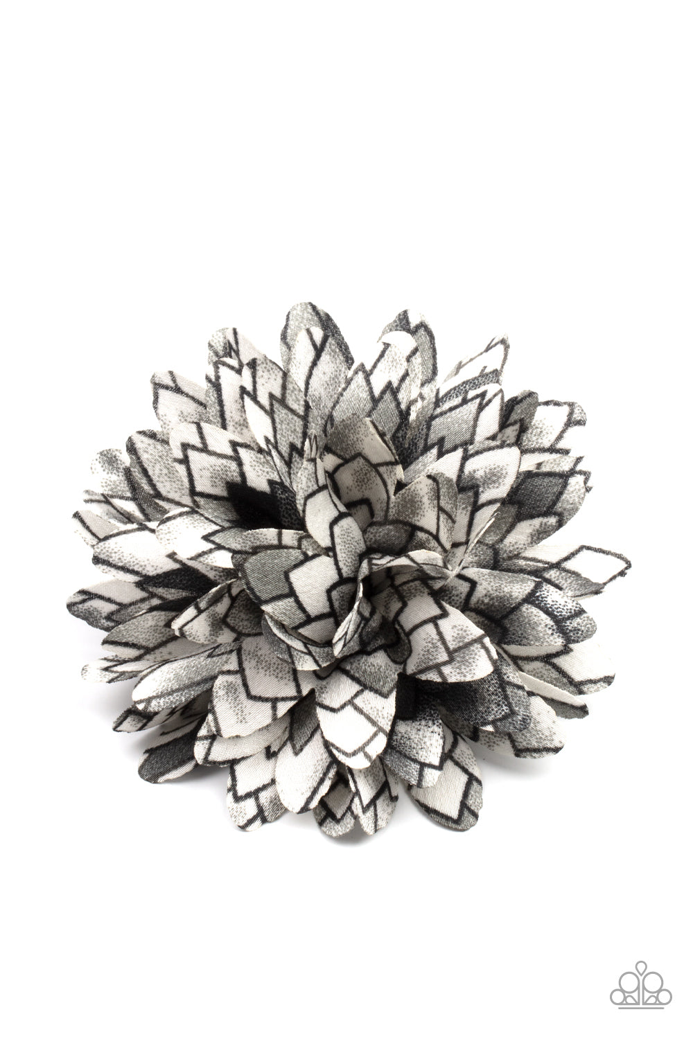 Featuring gray accents, the petals of a bouncy blossom are printed in an abstract geometric pattern for an artsy look. Features a standard hair clip on the back.