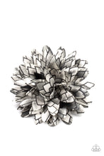 Load image into Gallery viewer, Featuring gray accents, the petals of a bouncy blossom are printed in an abstract geometric pattern for an artsy look. Features a standard hair clip on the back.
