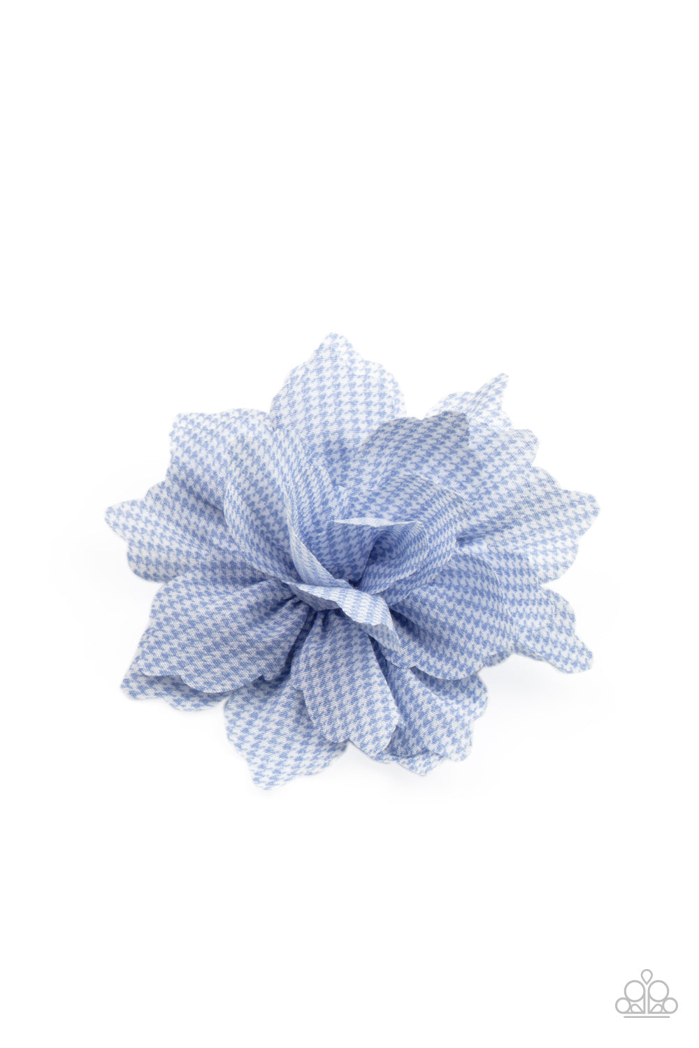 Featuring a blue and white plaid-like pattern, scalloped petals delicately gather into a colorful blossom. Features a standard hair clip on the back.