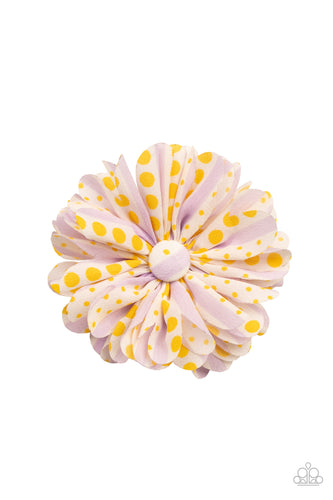 Featuring Illuminating polka dots, purple striped chiffon petals gather around a matching button top center for a whimsical look. Features a standard hair clip on the back.