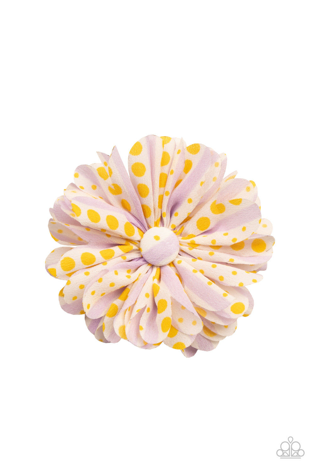 Featuring Illuminating polka dots, purple striped chiffon petals gather around a matching button top center for a whimsical look. Features a standard hair clip on the back.