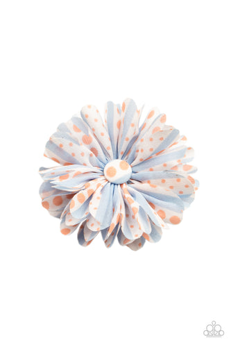 Featuring Burnt Coral polka dots, Cerulean striped chiffon petals gather around a matching button top center for a whimsical look. Features a standard hair clip on the back
