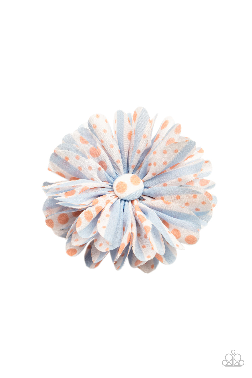 Featuring Burnt Coral polka dots, Cerulean striped chiffon petals gather around a matching button top center for a whimsical look. Features a standard hair clip on the back