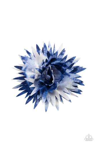 Featuring refreshing blue tie dye accents, boisterous petals bloom into a bouncy blossom. Features a standard hair clip on the back. 