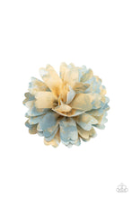 Load image into Gallery viewer, Featuring yellow and blue tie dyed accents, scalloped petals gather in a colorful flower. Features a standard hair clip on the back.
