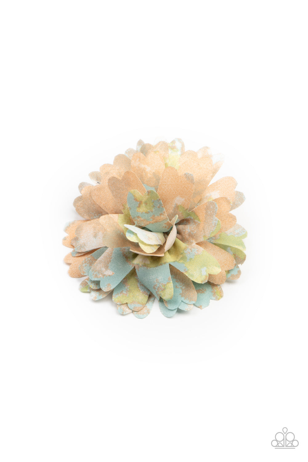 Featuring orange, blue, green, and gray tie dyed accents, scalloped petals gather in a colorful flower. Features a standard hair clip on the back.