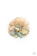 Load image into Gallery viewer, Featuring orange, blue, green, and gray tie dyed accents, scalloped petals gather in a colorful flower. Features a standard hair clip on the back.
