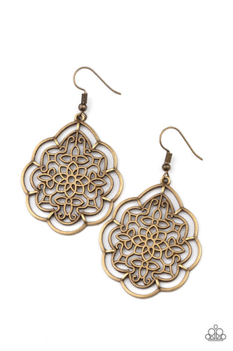 The center of a scalloped brass frame is filled with airy floral filigree, creating a whimsically rustic frame. Earring attaches to a standard fishhook fitting