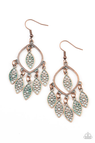 Brushed in a patina finish, dainty floral copper frames swing from the bottom and top of an airy copper frame, creating a rustic fringe. Earring attaches to a standard fishhook fitting.