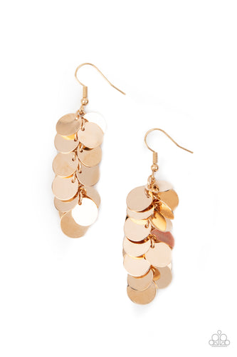 A shimmery collection of dainty gold discs trickle along a dainty gold chain, creating a clustered tassel. Earring attaches to a standard fishhook fitting. 