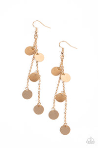 Dainty gold discs haphazardly swing from two dainty gold chains, coalescing into a noisemaking shimmer. Earring attaches to a standard fishhook fitting.