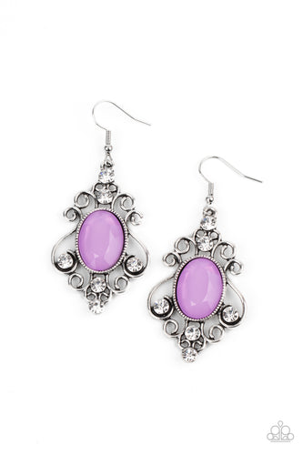 Dotted with glittery white rhinestones, antiqued silver filigree flares out from an opalescent Amethyst Orchid gem, creating an enchanting chandelier. Earring attaches to a standard fishhook fitting.