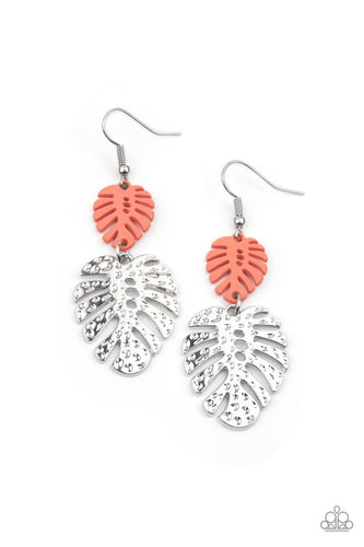 A coral palm leaf attaches to a hammered silver palm leaf, creating a colorful island inspired frame. Earring attaches to a standard fishhook fitting. 
