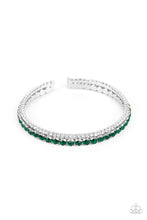 Load image into Gallery viewer, Mismatched strands of glassy white and glittery green rhinestones stack into a dainty cuff around the wrist, creating a sparkly centerpiece. 
