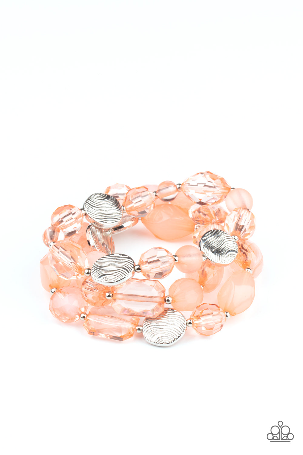 Glassy and opaque coral crystal-like beads and textured silver accents are threaded along stretchy bands around the wrist, creating mystical layers