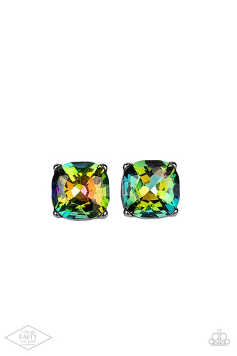 A dramatically oversized oil spill gem is nestled atop a pronged gunmetal frame, creating a jaw-dropping dazzle. Earring attaches to a standard post fitting.  Sold as one pair of post earrings.
