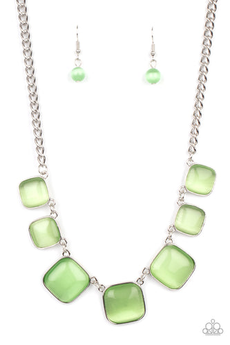Encased in square silver fittings, a dewy collection of green cat's eye stones gradually increase in size as they link below the collar for a whimsical pop of color. Features an adjustable clasp closure.