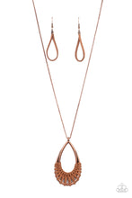 Load image into Gallery viewer,  Brown suede cording loops and weaves around the bottoms of a double stacked copper teardrop frame, creating an earthy pendant at the bottom of a dainty lengthened copper chain. Features an adjustable clasp closure.
