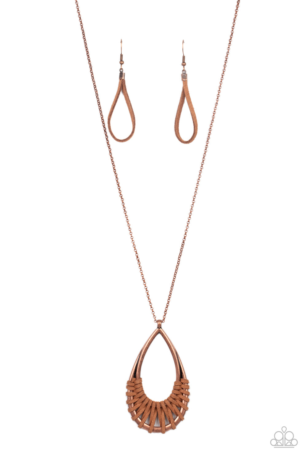  Brown suede cording loops and weaves around the bottoms of a double stacked copper teardrop frame, creating an earthy pendant at the bottom of a dainty lengthened copper chain. Features an adjustable clasp closure.