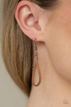 Load image into Gallery viewer,  Brown suede cording loops and weaves around the bottoms of a double stacked copper teardrop frame, creating an earthy pendant at the bottom of a dainty lengthened copper chain. Features an adjustable clasp closure.
