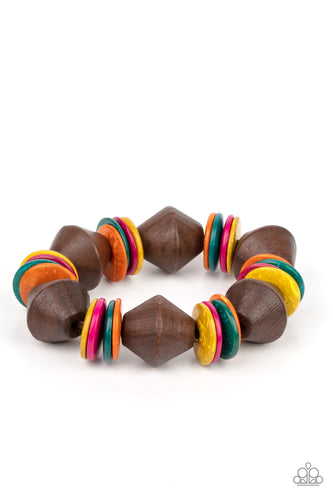 Multicolored wooden discs and chunky brown wooden beads are threaded along a stretchy band around the wrist, creating a summery look. 