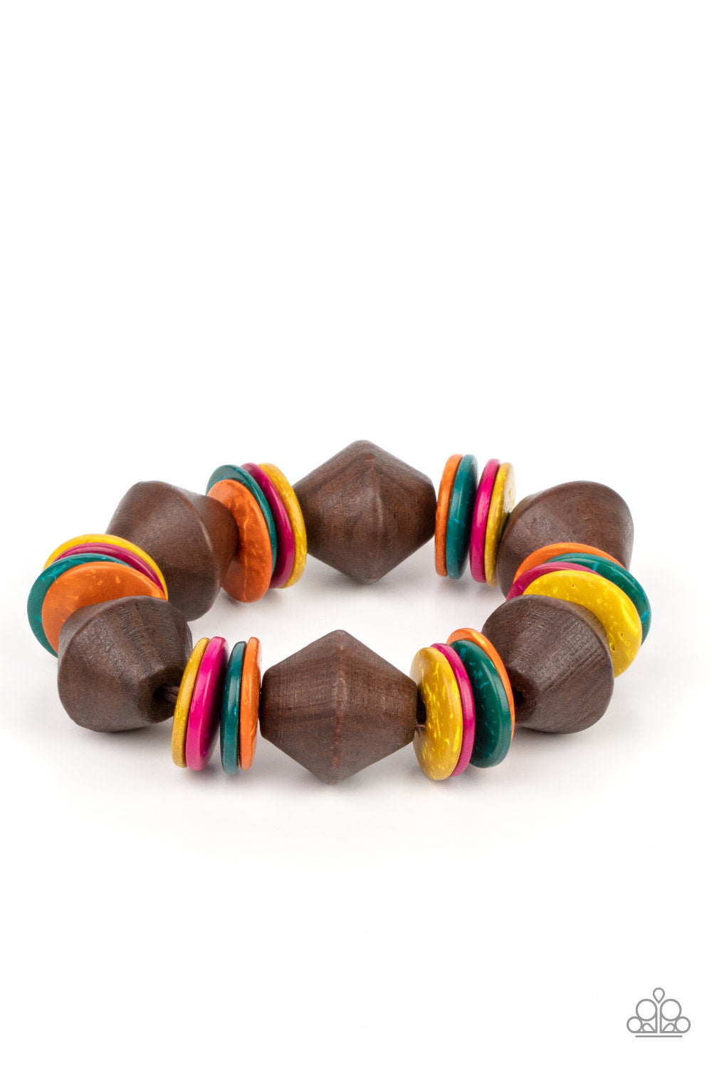 Multicolored wooden discs and chunky brown wooden beads are threaded along a stretchy band around the wrist, creating a summery look. 