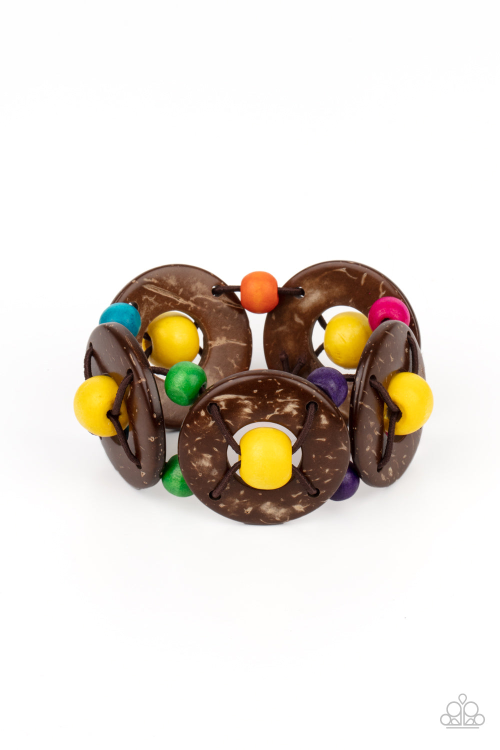 An oversized collection of multicolored beads and distressed brown wooden discs are threaded along stretchy bands that decoratively weave around the wrist for a summery flair. 