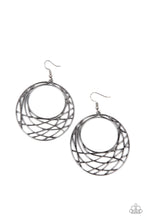 Load image into Gallery viewer, Glistening gunmetal bars crisscross and overlap along the bottom of a circular frame, creating a crescent-like hoop. Earring attaches to a standard fishhook fitting
