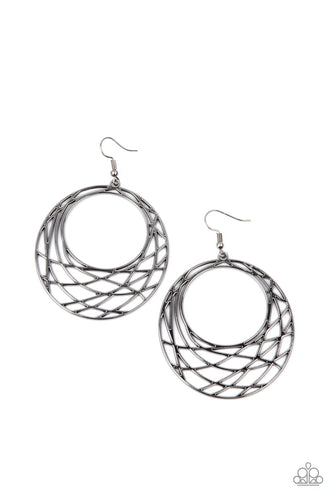 Glistening gunmetal bars crisscross and overlap along the bottom of a circular frame, creating a crescent-like hoop. Earring attaches to a standard fishhook fitting