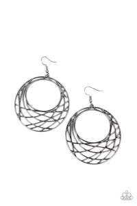 Glistening gunmetal bars crisscross and overlap along the bottom of a circular frame, creating a crescent-like hoop. Earring attaches to a standard fishhook fitting