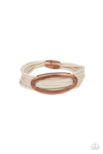 Load image into Gallery viewer, An oval copper fitting glides along strands of rustic white cording, creating colorful layers around the wrist. Features a magnetic closure.
