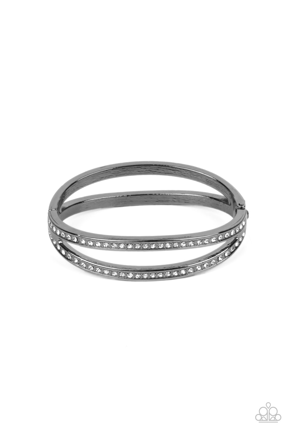Encrusted in glassy white rhinestones, an oval gunmetal frame attaches to a matching shiny frame, creating a timelessly layered bangle-like cuff around the wrist. Features a hinged closure. 