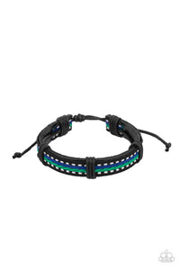 Featuring blue, green, and white thread, a decorative textile is knotted in place across the front of a dainty black leather band for an adventurous look. Features an adjustable sliding knot closure. 