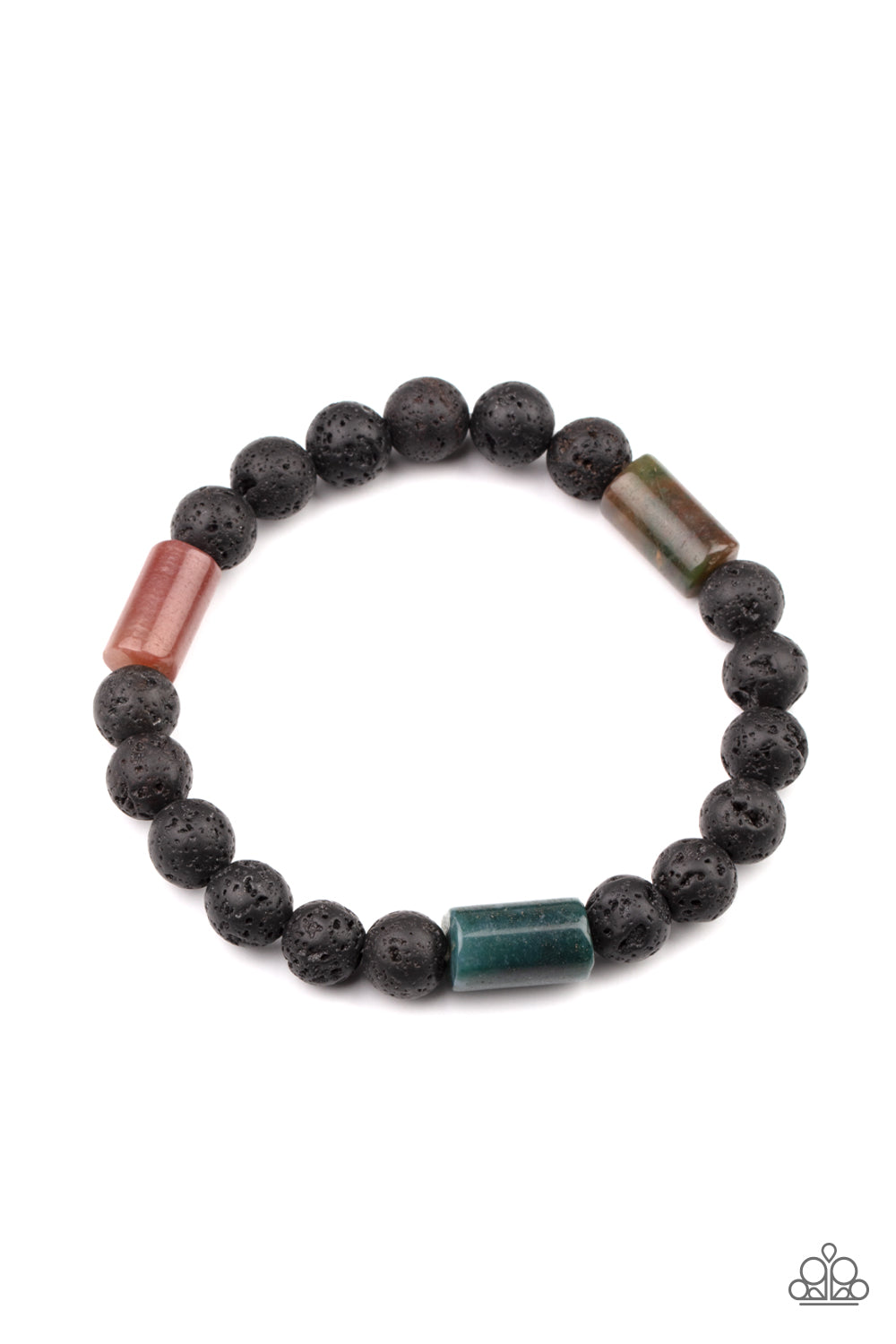 Multicolored stone accents and black lava rock beads are threaded along a stretchy band around the wrist, creating a colorful seasonal display around the wrist. 