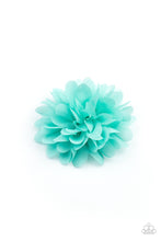 Load image into Gallery viewer, Blue chiffon petals gather into a plush blossom, creating a colorful springtime inspired flower. Features a standard hair clip on the back.
