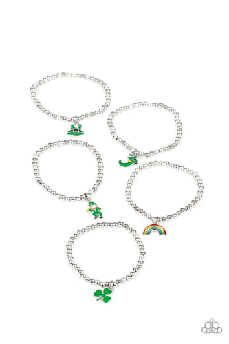 The stretchy beaded bracelets feature St. Patrick's Day inspired charms that include a top hat, boot, leprechaun, rainbow, and clover.