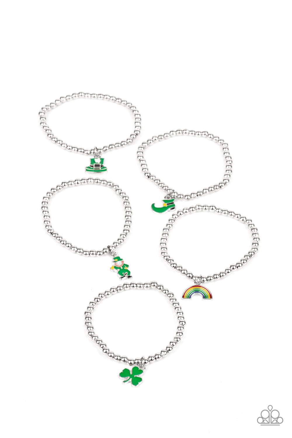 The stretchy beaded bracelets feature St. Patrick's Day inspired charms that include a top hat, boot, leprechaun, rainbow, and clover.