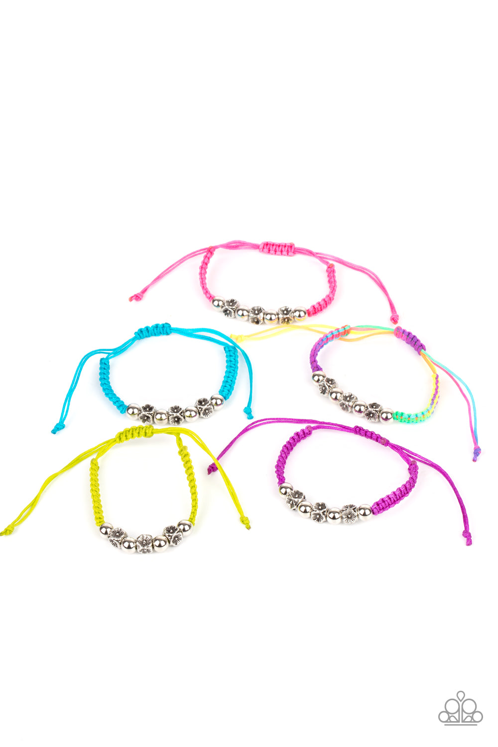 Featuring classic silver beads and antiqued floral accents, the corded bracelets vary in the neon shades of blue, pink, green, purple, and multicolored. Bracelets feature adjustable sliding knot closures. Sold as a set of 5 for $5