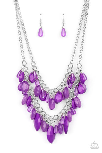 Varying in opacity, a vivacious collection of purple oval and teardrop acrylic and crystal-like beads cascade from two bold silver chains below the collar for a flirtatiously layered look. Features an adjustable clasp closure.