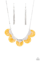 Load image into Gallery viewer, Flecked in shell-like iridescence, yellow acrylic discs are pinched between shiny silver fittings as they link below the collar, creating a colorful fringe. Features an adjustable clasp closure.
