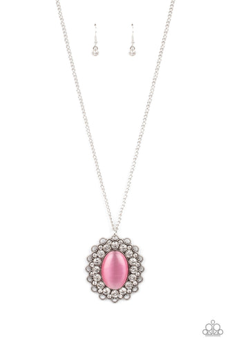 Bordered in bubbly white rhinestone encrusted petals, the center of a studded silver floral frame is dotted with an oversized pink cat's eye stone, creating a whimsical medallion at the bottom of a lengthened silver chain. Features an adjustable clasp closure. 