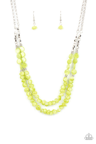 Infused with dainty silver cube and round beaded accents, green shell-like beads are threaded along invisible wires below the collar for a summery inspiration. Features an adjustable clasp closure.