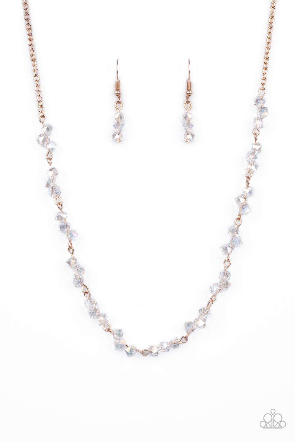 Attached to a dainty rose gold chain, trios of iridescent crystal-like beads are delicately threaded along rose gold rods below the collar for a timelessly twinkly look. Features an adjustable clasp closure.