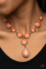 Load image into Gallery viewer, Featuring studded and plain silver frames, small and large orange stones delicately alternate below the collar. A refreshing orange stone teardrop frame swings from the bottom of a matching stone frame, creating an earthy extended pendant. Features an adjustable clasp closure.
