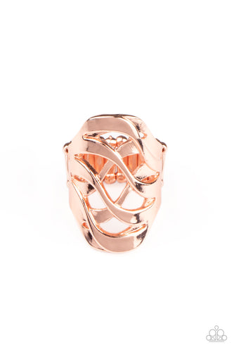 Dainty shiny copper bars delicately crisscross across the finger, weaving into a fiery frame centerpiece. Features a stretchy band for a flexible fit.
