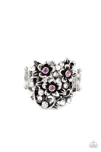 Dotted with dainty purple rhinestone centers, antiqued silver floral frames bloom atop a leafy backdrop of glassy white rhinestones. Features a stretchy band for a flexible fit.