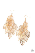 Load image into Gallery viewer, Stenciled gold leaf frames cascade from a gold netted fitting, creating a shimmery leafy fringe. Earring attaches to a standard fishhook fitting. 
