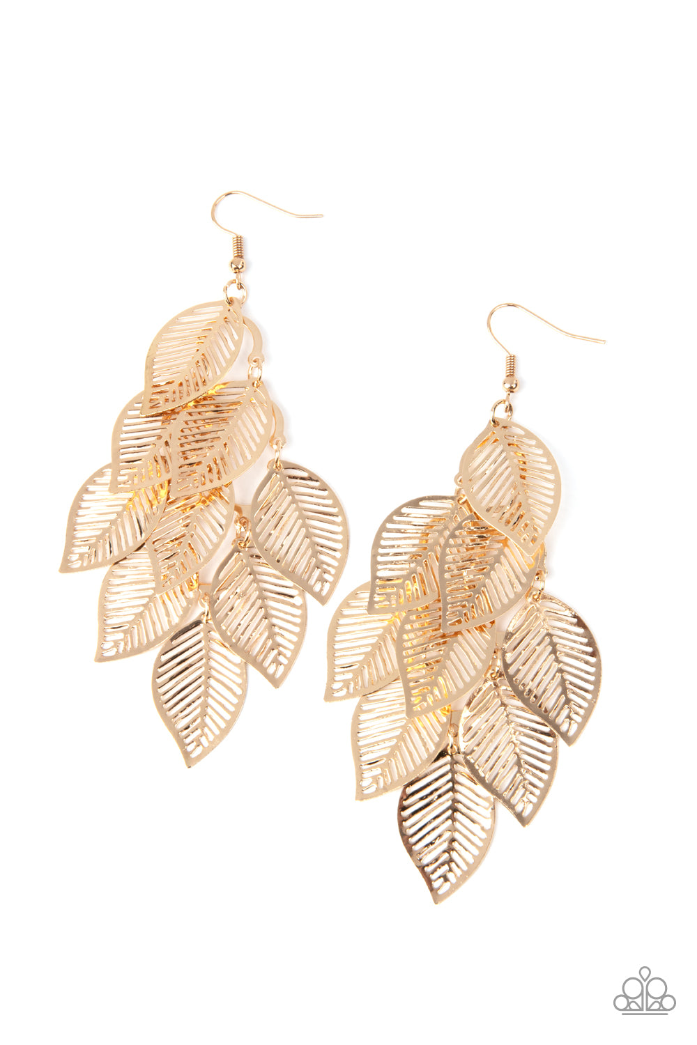 Stenciled gold leaf frames cascade from a gold netted fitting, creating a shimmery leafy fringe. Earring attaches to a standard fishhook fitting. 